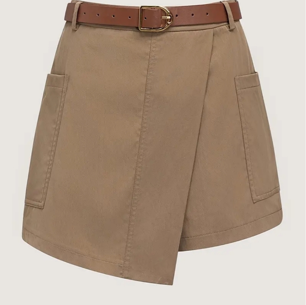 Beige Cargo Shorts with Asymmetrical Wrap and Tailored Cut